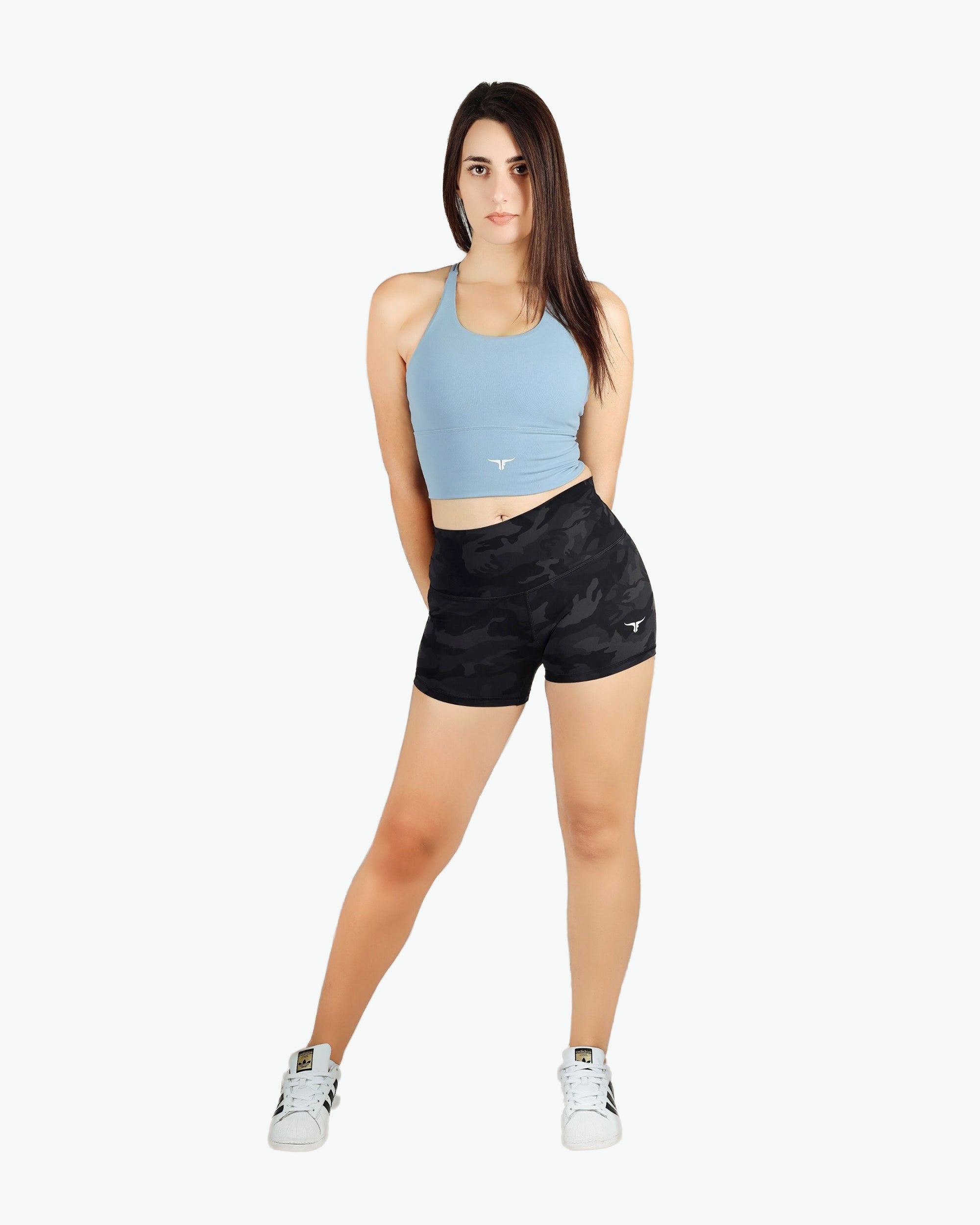 AeroFit High-intensity Long Line Sports Bra & High Waisted Skinny Camo Shorts Combo - THUGFIT